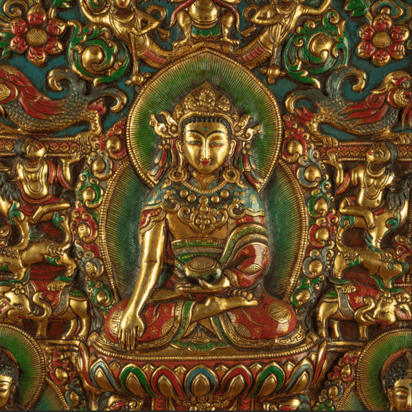 RADIANCE OF COMPASSION – 19TH CENTURY GILT COPPER JOWO BUDDHA WALL THANGKA