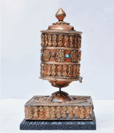 8" Large Nepal Tibetan Buddhist Prayer Wheel Wood Stand Brass Dorje Home Décor