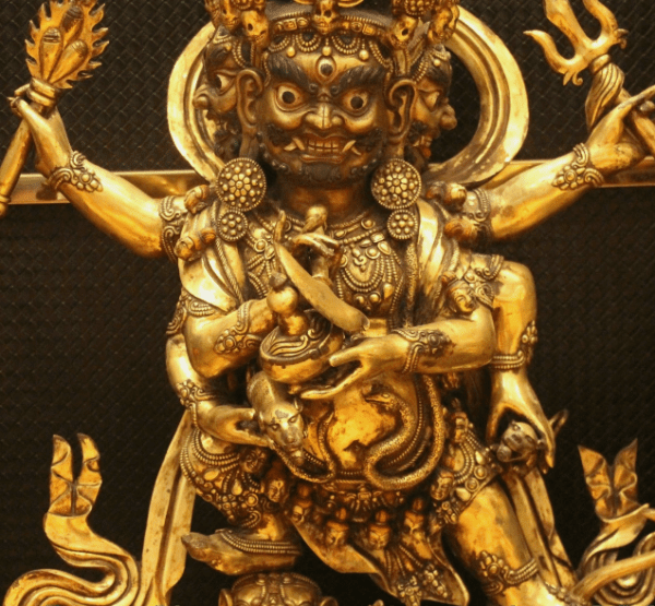 34.6''Old Tibet Purple Bronze 24K Gold Mahakala Hold Faqi