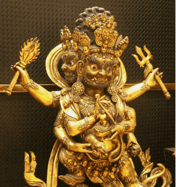 34.6''Old Tibet Purple Bronze 24K Gold Mahakala Hold Faqi