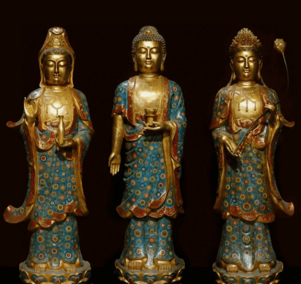 Old Tibet Cloisonne Enamel Bronze Gilt Shakyamuni Kwan-yin God Buddha Statue Set