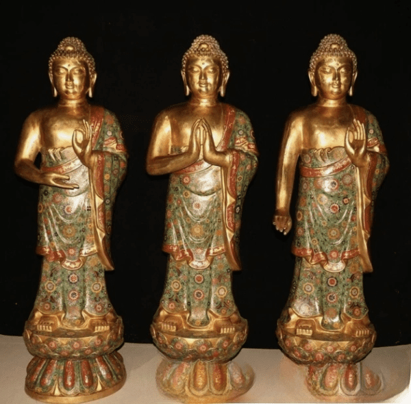 Tibet purple bronze 24k gold gilt cloisonne Sakyamuni triratna buddha statue