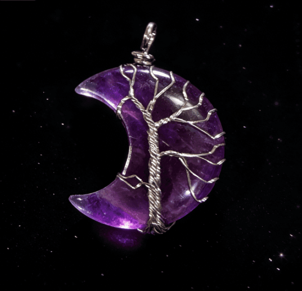 LUOGA Natural Amethyst Moon Tree of Life Pendant Necklace