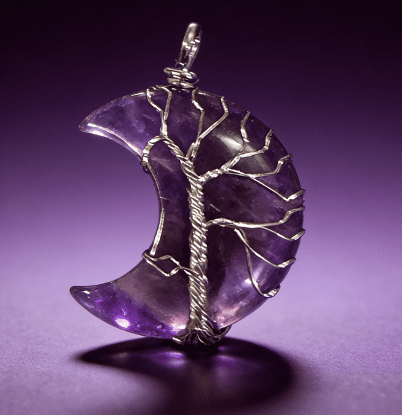 LUOGA Natural Amethyst Moon Tree of Life Pendant Necklace