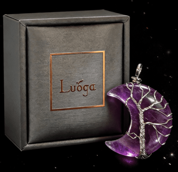 LUOGA Natural Amethyst Moon Tree of Life Pendant Necklace