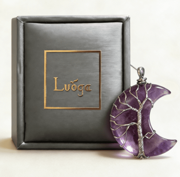 LUOGA Natural Amethyst Moon Tree of Life Pendant Necklace