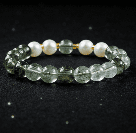 LUOGA Natural Green Phantom Quartz & Freshwater Pearl Bracelet (8mm) - Elegant Healing Crystal Bangle for Women