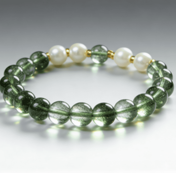 LUOGA Natural Green Phantom Quartz & Freshwater Pearl Bracelet (8mm) - Elegant Healing Crystal Bangle for Women