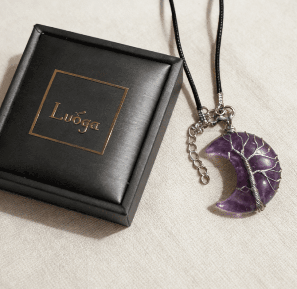 LUOGA Natural Amethyst Moon Tree of Life Pendant Necklace