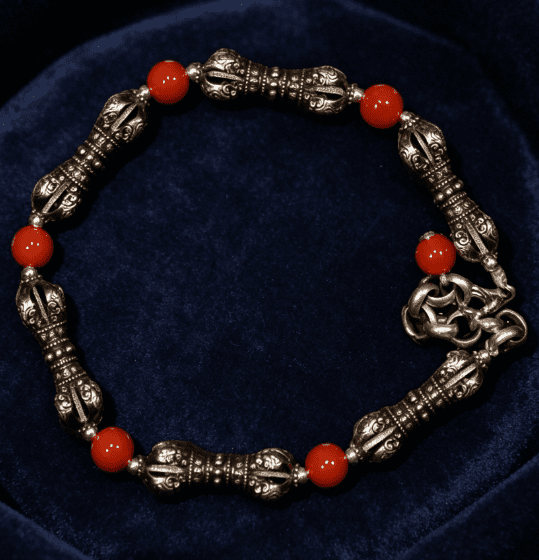 KSANA Tibetan 925 Silver Vajra Dorje Bracelet Nanhong Agate Handmade Buddhist
