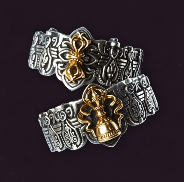 KSANA Tibetan 925 Silver Gold Vajra Pestle Bell Couple Rings Handmade Buddhist