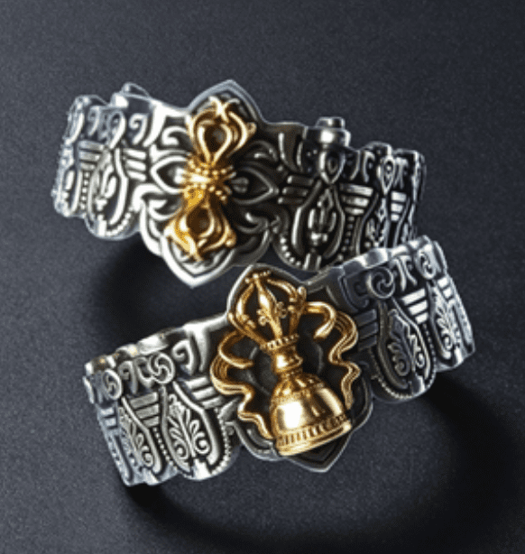 KSANA Tibetan 925 Silver Gold Vajra Pestle Bell Couple Rings Handmade Buddhist