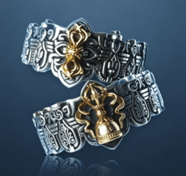 KSANA Tibetan 925 Silver Gold Vajra Pestle Bell Couple Rings Handmade Buddhist