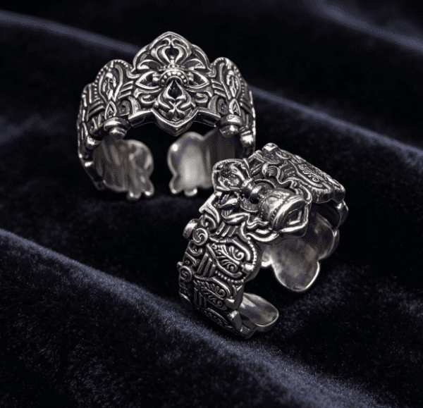 KSANA Tibetan 925 Silver Vajra Pestle Bell Open Cuff Couple Rings Handmade Buddhist