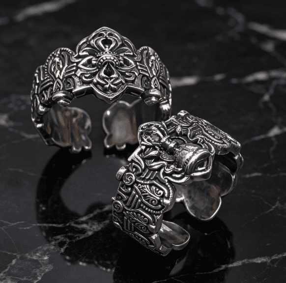 KSANA Tibetan 925 Silver Vajra Pestle Bell Open Cuff Couple Rings Handmade Buddhist