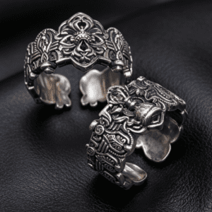 KSANA Tibetan 925 Silver Vajra Pestle Bell Open Cuff Couple Rings Handmade Buddhist