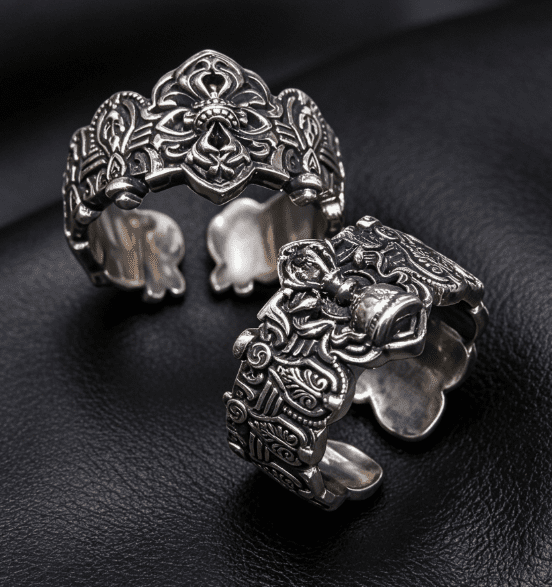 KSANA Tibetan 925 Silver Vajra Pestle Bell Open Cuff Couple Rings Handmade Buddhist