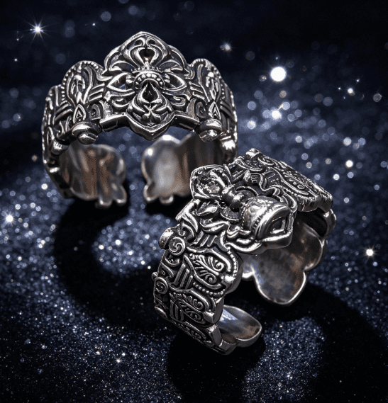 KSANA Tibetan 925 Silver Vajra Pestle Bell Open Cuff Couple Rings Handmade Buddhist